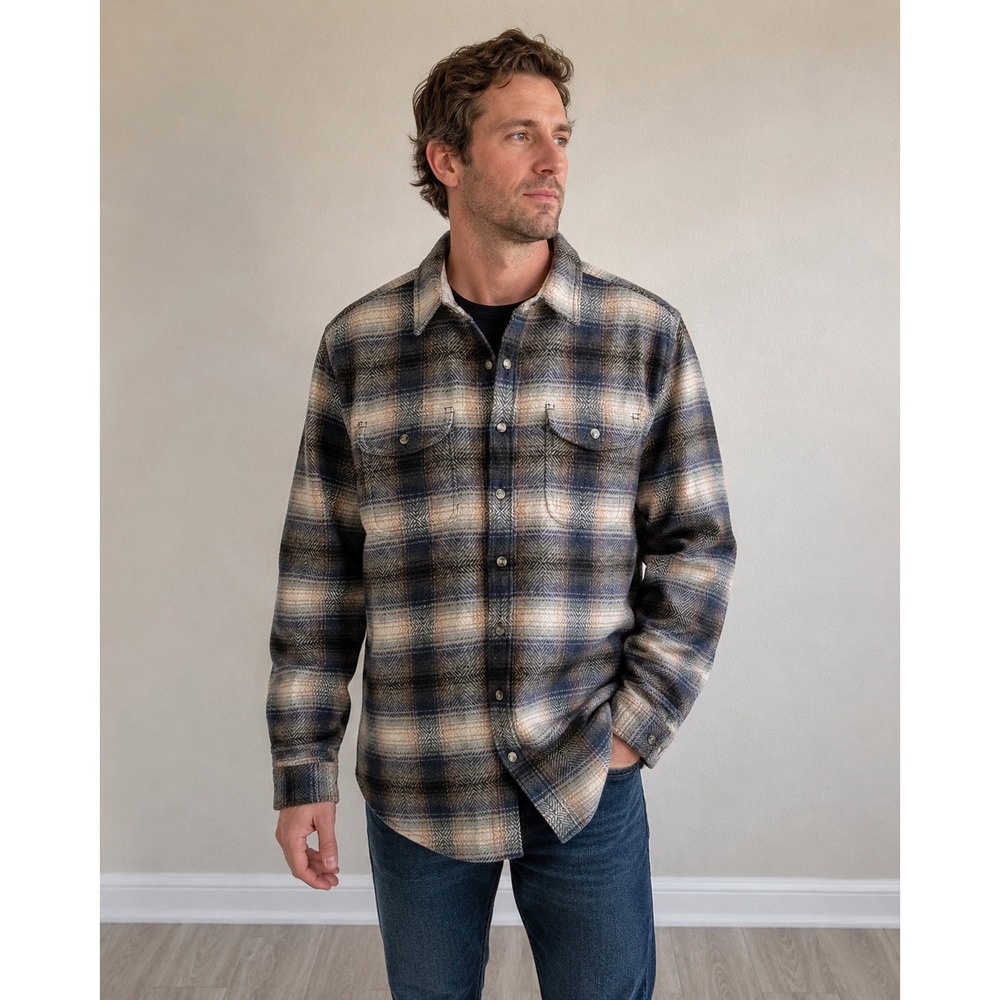 Sonoma Goods For Life Mens Large Tall Blue Plaid Wool Blend Flannel Shirt L TALL